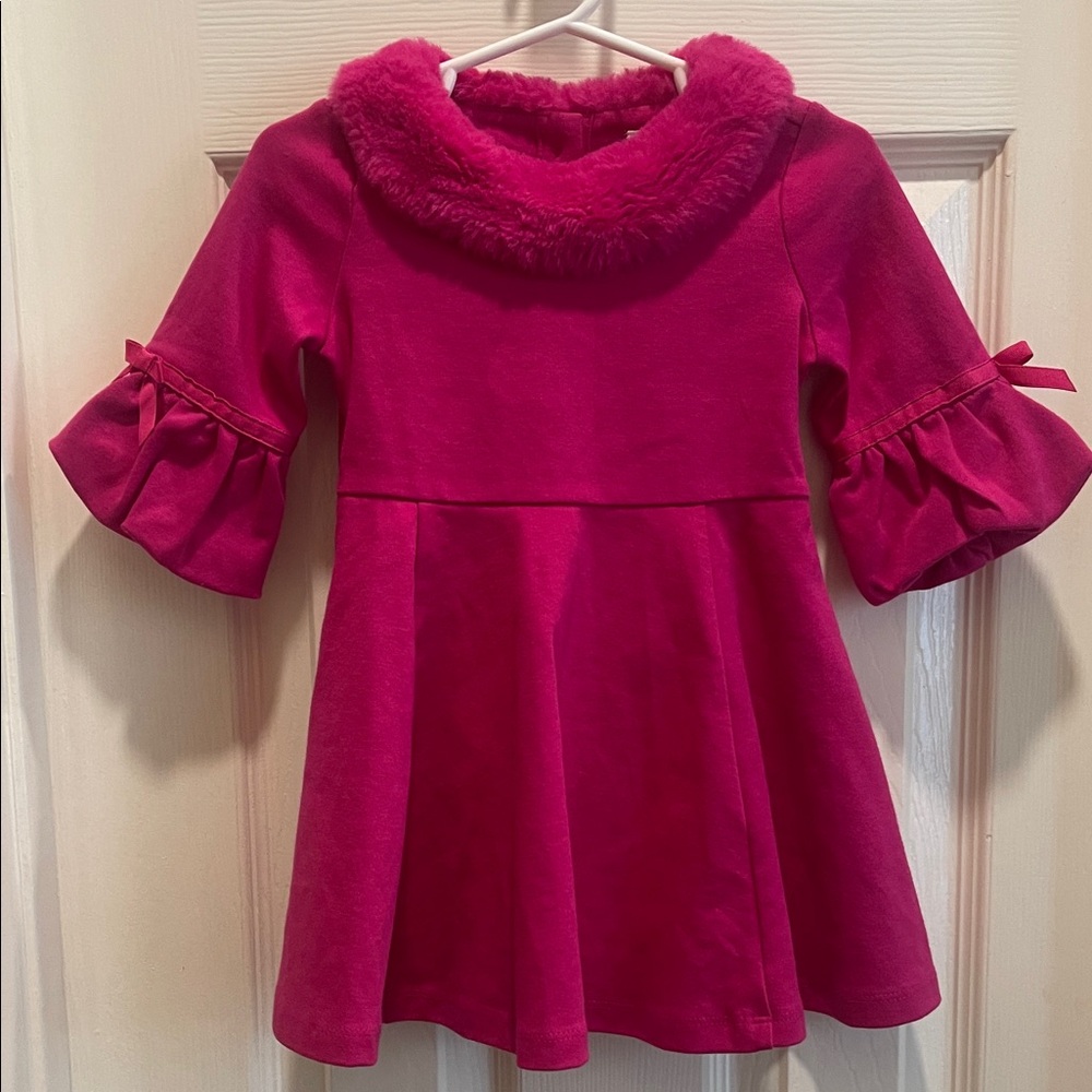 Janie and Jack Fur Collar Pink Dress with Ruffle Sleeves